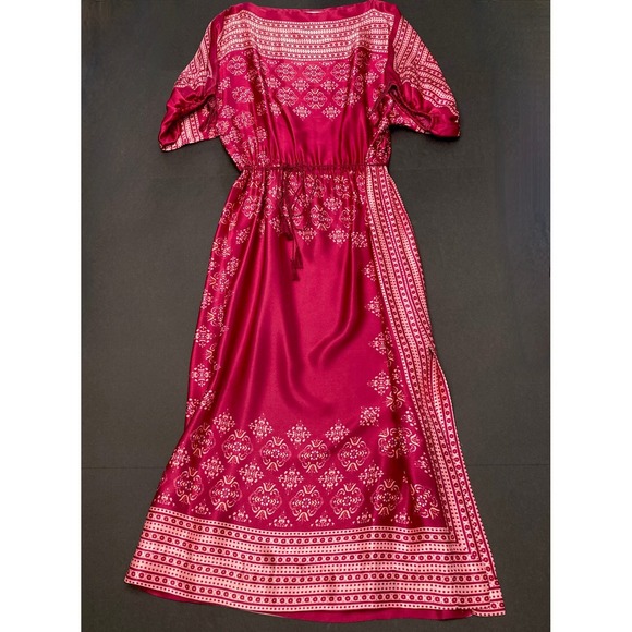 Victor Costa Dresses & Skirts - Vtg Victor Costa Maxi Hanky Dress 1970s Dark Pink Boho Dolman Sleeves Womens 1